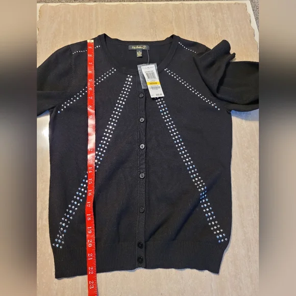 Top Knits Deep Black Sequin Button Front Cardigan Sz M NWT - Picture 4 of 6